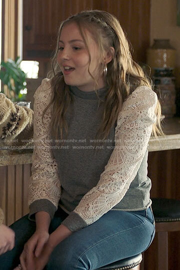 Lake's grey lace sleeve sweater on Love Victor