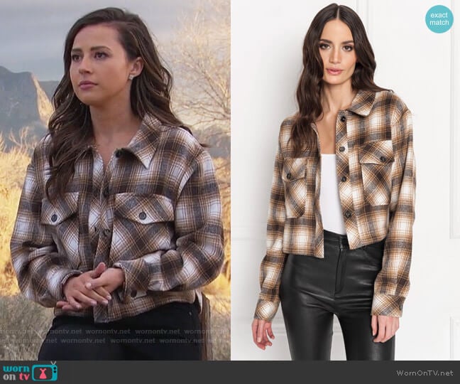 MONIQUE Tan Cropped Plaid Shirt Jacket by Lamarque worn by Katie Thurston on The Bachelorette