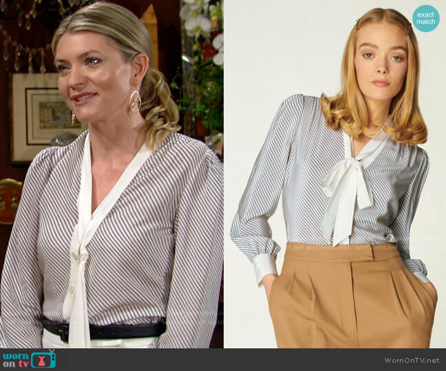 LK Bennett Georgia Diagonal Stripe Silk Blouse worn by Tara Locke (Elizabeth Leiner) on The Young and the Restless