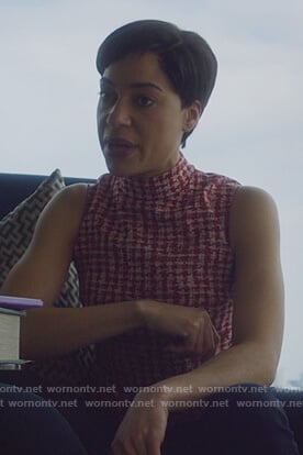 Lucca’s red houndstooth sleeveless top on The Good Fight