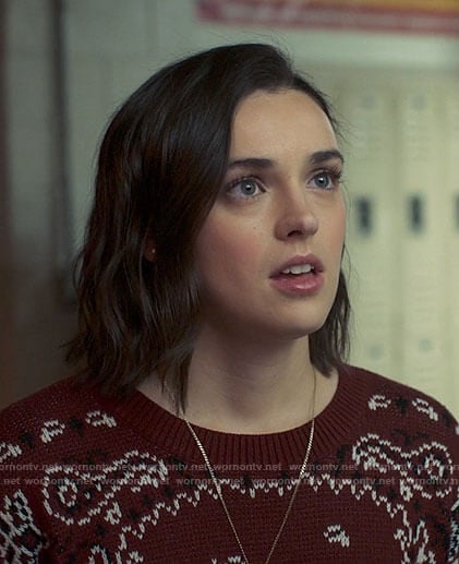 Lucy's red bandana print sweater on Love Victor