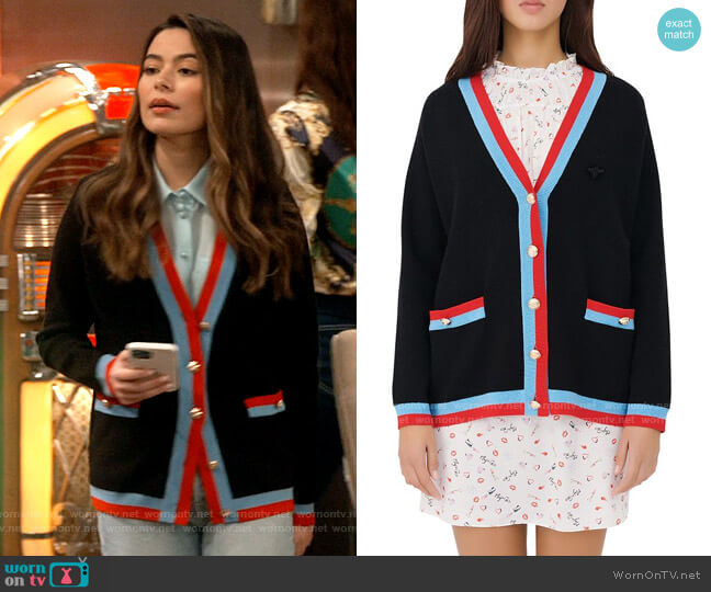 Maje Mysweetie Collegiate Cardigan worn by Carly Shay (Miranda Cosgrove) on iCarly