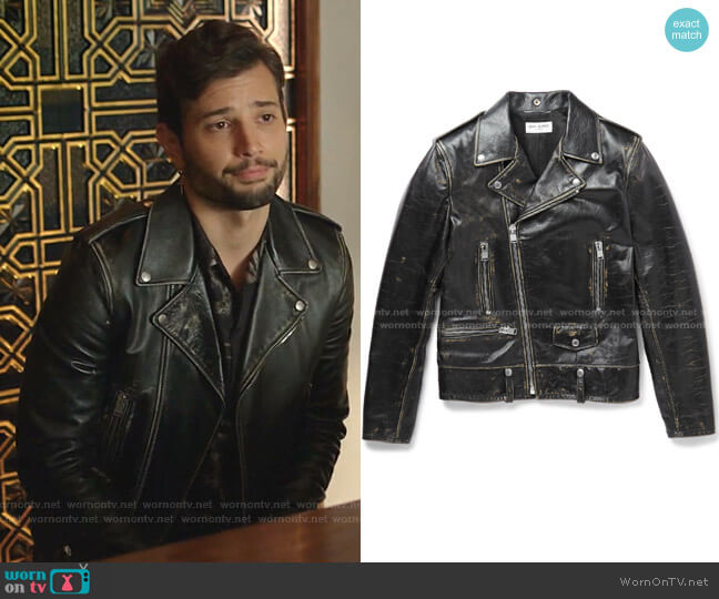 Distressed Leather Biker Jacket by Saint Laurent worn by Sam Flores (Rafael de la Fuente) on Dynasty