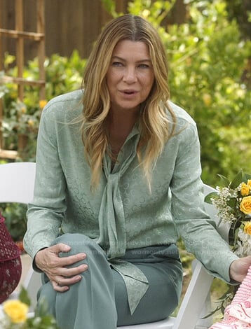 Meredith’s mint green printed tie neck blouse on Greys Anatomy