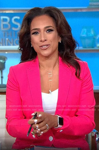 Michelle Miller’s coral pink suit on CBS Mornings