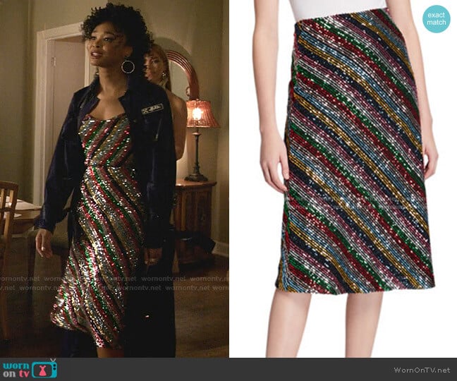 Rainbow Multistripe Sequin Bias Skirt by Milly worn by Monica Colby (Wakeema Hollis) on Dynasty