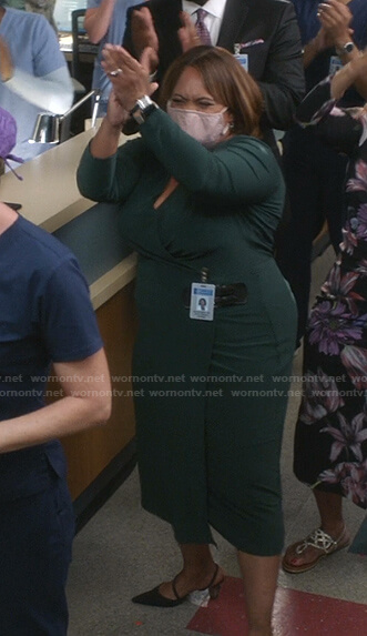 Miranda's green buckle wrap dress on Greys Anatomy