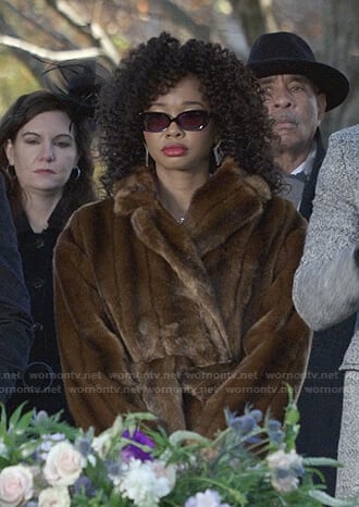 Monica’s brown fur coat on Dynasty