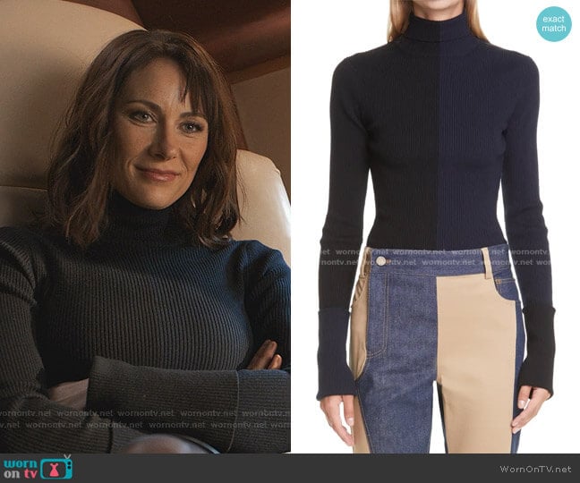 Colorblock Rib Turtleneck Merino Wool Blend Sweater by Monse worn by Quinn (Laura Benanti) on Younger