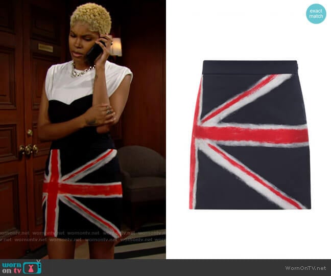 Moschino Union Jack Skirt worn by Paris Buckingham (Diamond White) on The Bold and the Beautiful