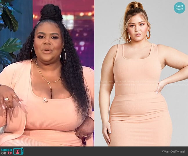 Trendy Plus Size Sleeveless Ribbed Knit Bodysuit by Nina Parker worn by Nina Parker on E! News