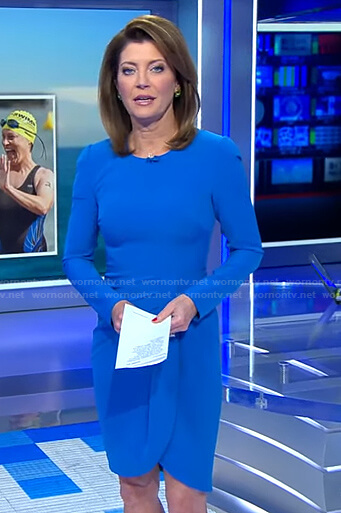 Norah’s blue long sleeve dress on CBS Evening News