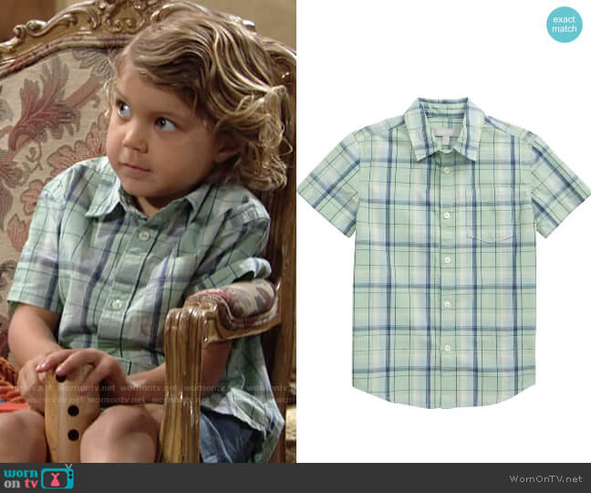 Nordstrom Poplin Button-Up Shirt in Green Pale Jade Plaid worn by Harrison Locke on The Young and the Restless