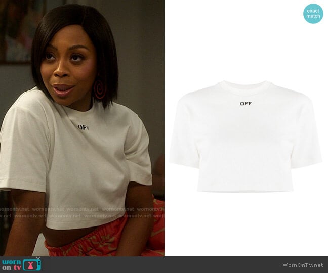 Off White Logo-print cropped T-shirt worn by Renee Ross (Bresha Webb) on Run the World