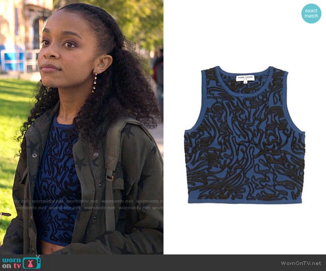 WornOnTV: Mia's blue textured crop top and green star print jacket on Love  Victor, Rachel Hilson