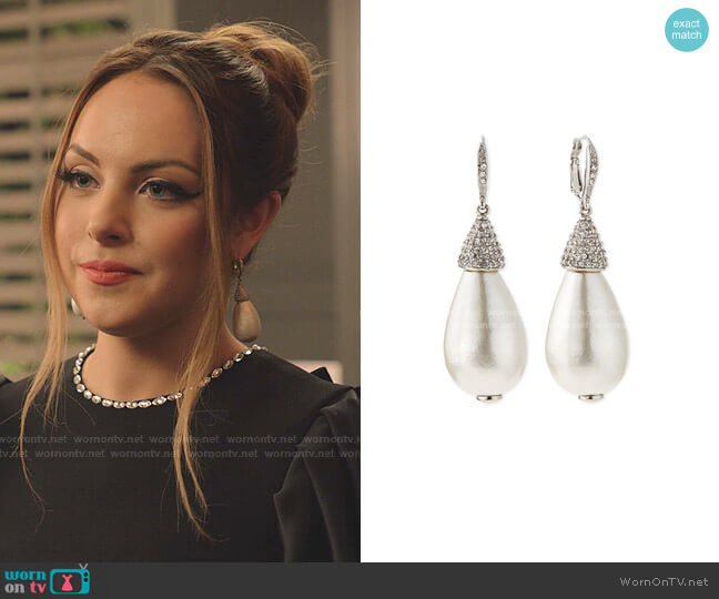 Pearly Crystal Teardrop Earrings by Oscar de la Renta worn by Fallon Carrington (Elizabeth Gillies) on Dynasty