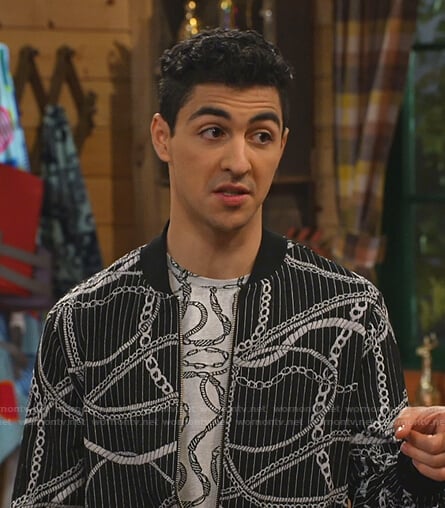 Parker's black striped chain print bomber jacket on Bunkd