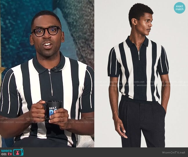 WornOnTV: Justin’s striped zip polo shirt on E! News Daily Pop | Justin ...