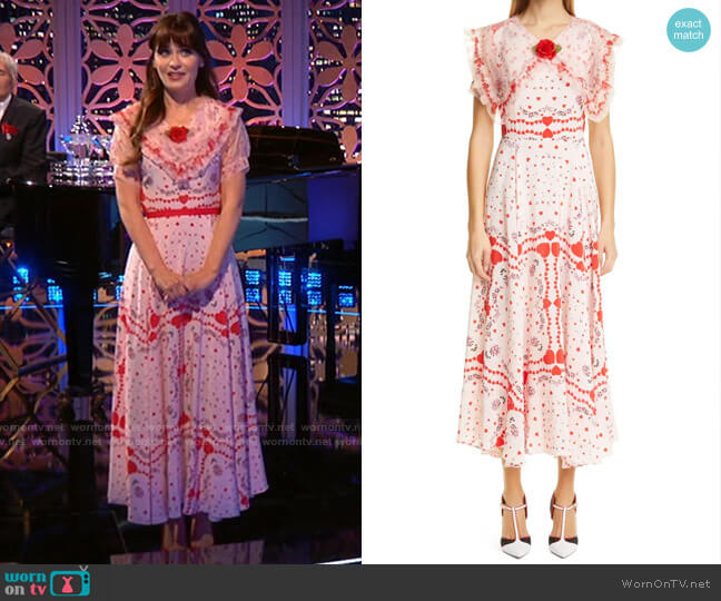 Rodarte Heart & Floral Print Ruffle Collar Silk Maxi Dress worn by Zooey Deschanel on Celebrity Dating Game