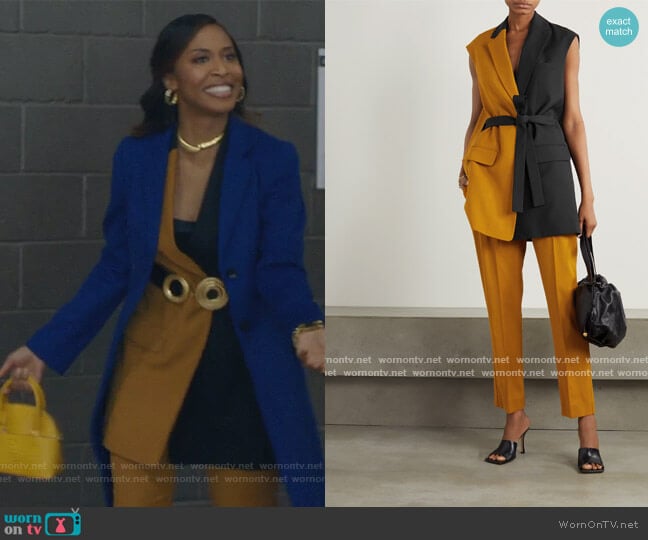 Paola belted two-tone grain de poudre and twill vest and pants by Roksanda worn by Yasha Jackson on The Bold Type