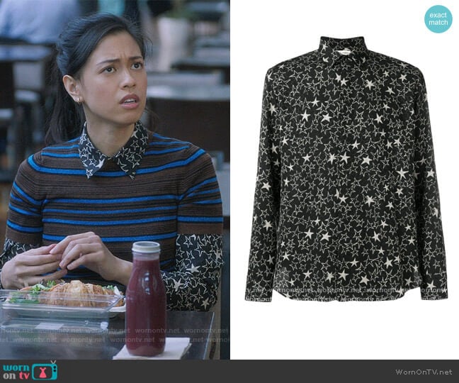 Addison Harper’s black star print shirt on The Bold Type