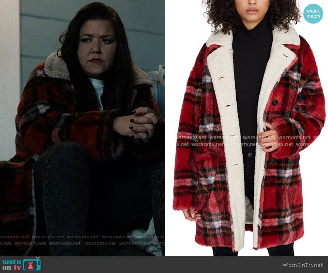 Sanctuary Sierra Plaid Faux-Fur Coat worn by Patty (Mary Hollis Inboden) on Kevin Can F**k Himself