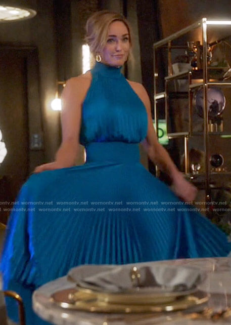 Sara's blue pleated midi dress on Legends of Tomorrow