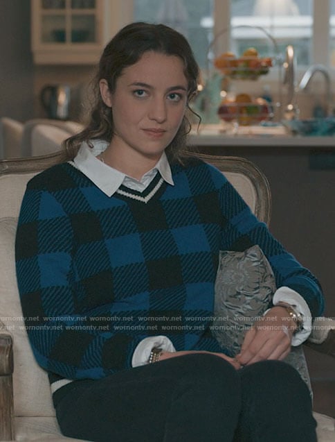 Sarah’s blue and black checked sweater on The Republic of Sarah