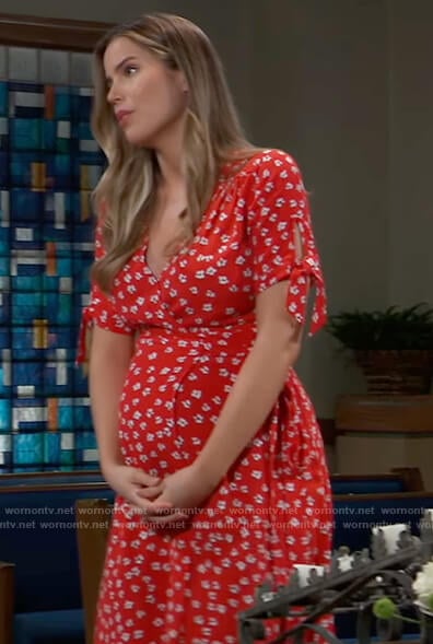 Sasha’s red floral print wrap dress on General Hospital