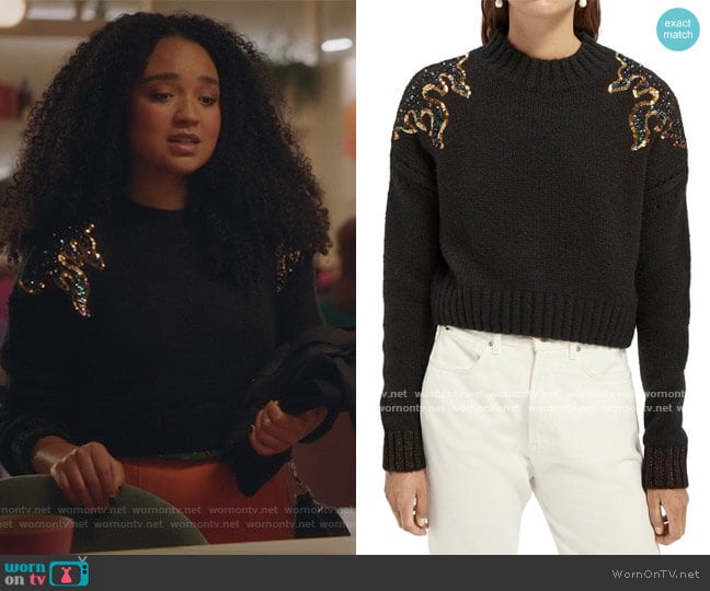 Flame Sequin Sweater by Scotch and Soda worn by Kat Edison (Aisha Dee) on The Bold Type