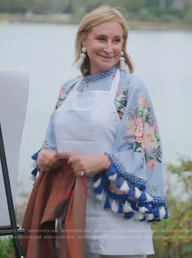 Sonja's blue floral tassel trim blouse on The Real Housewives of New York City