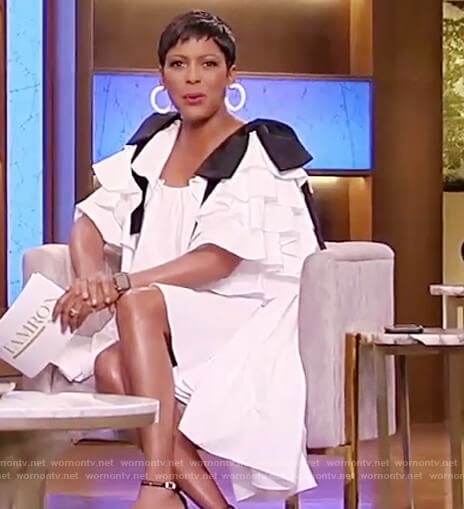 Tamron’s white contrast tie sleeve dress on Tamron Hall Show