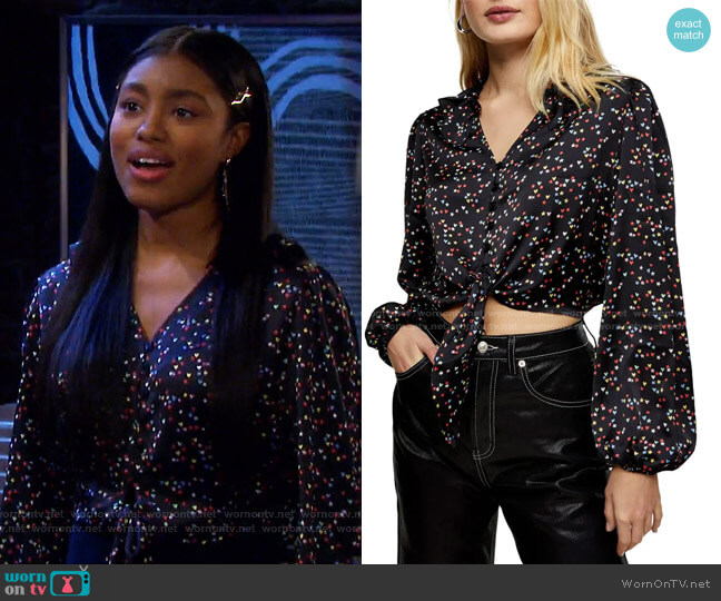 Star & Heart Print Tie Satin Top by Topshop worn by Chanel Dupree (Precious Way) on Days of our Lives