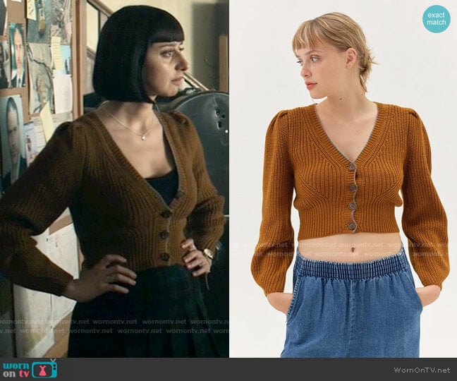 UO Puff Sleeve Cardigan worn by Chrissy Beppo (Sofia Hasmik) on Superman and Lois