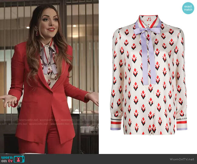 Pussy-Bow Blouse by Valentino worn by Fallon Carrington (Elizabeth Gillies) on Dynasty