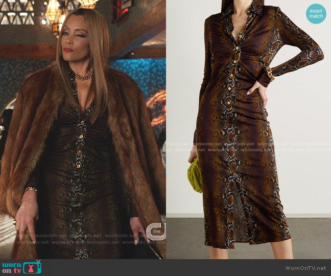 Ruched Snake-Print Stretch-Jersey Midi Shirt Dress by Versace worn by Dominique Deveraux (Michael Michele) on Dynasty