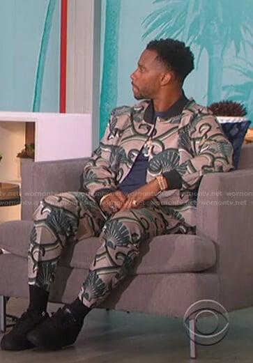 Victor Cruz’s print bomber jacket and pants on The Talk