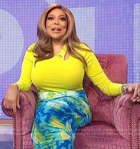 Wendy's yellow cutout bodysuit and skirt on The Wendy Williams Show