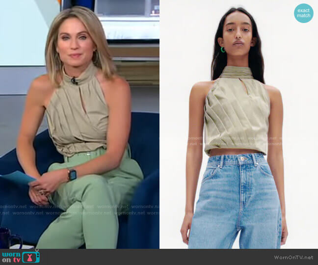 WornOnTV: Amy’s khaki halter top and green belted pants on Good Morning ...