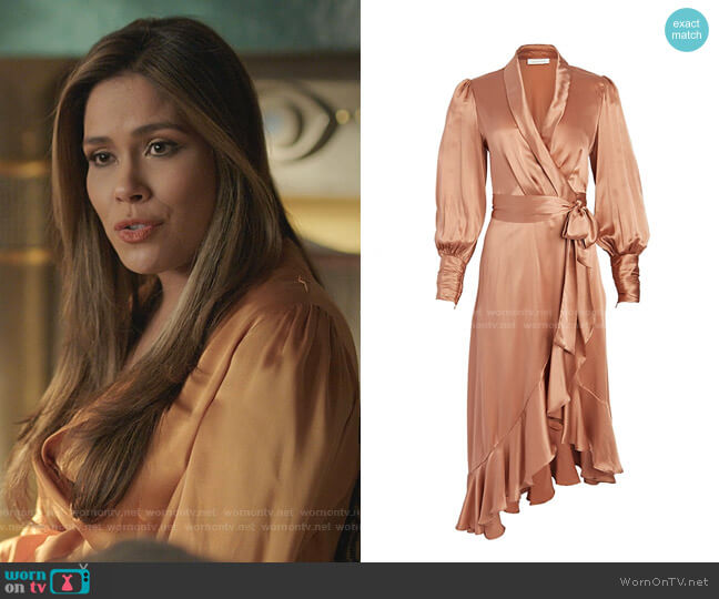 Silk Wrap Midi Dress by Zimmermann worn by Cristal Jennings (Daniella Alonso) on Dynasty