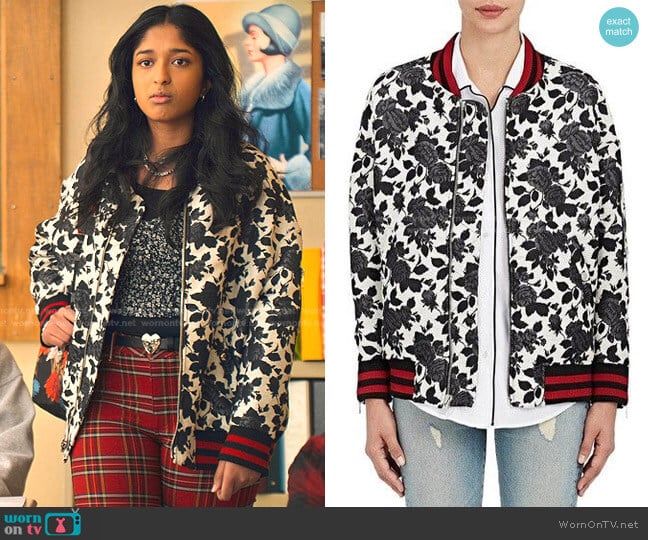 Floral Brocade Bomber Jacket by Adaptation worn by Devi Vishwakumar (Maitreyi Ramakrishnan) on Never Have I Ever