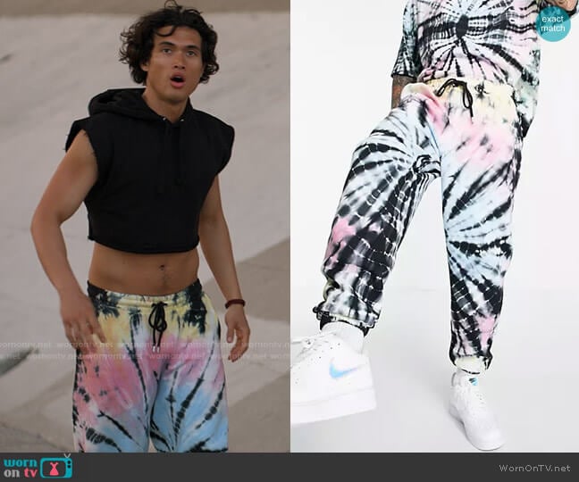 ASOS DESIGN oversized sweatpants in tie dye worn by Wyatt (Charles Melton) on American Horror Stories