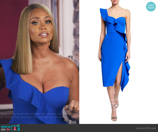 WornOnTV Gizelle s blue one shoulder ruffle dress on The Real