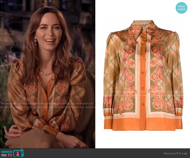 Floral Check Print shirt by Alberta Ferretti worn by Emily Blunt on Live with Kelly and Ryan