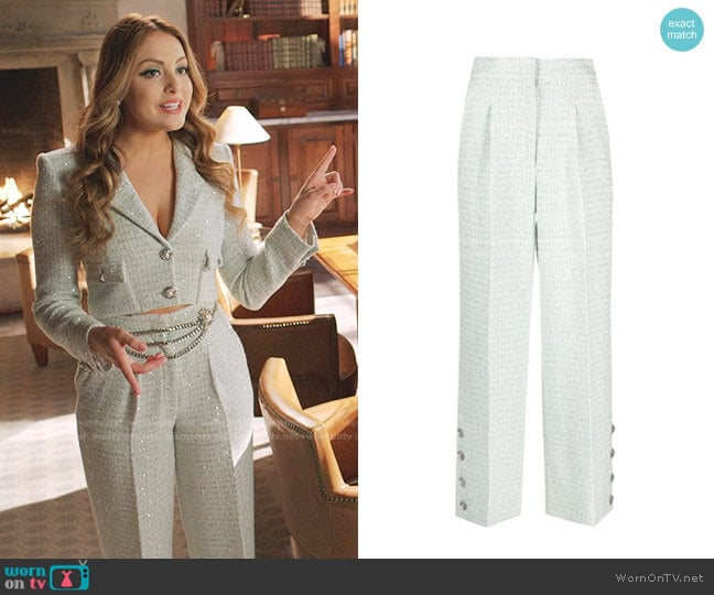 Button-Embellished Sequined Wool-Blend Tweed Pants by Alessandra Rich worn by Fallon Carrington (Elizabeth Gillies) on Dynasty