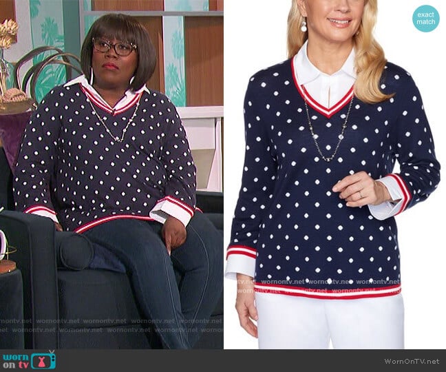 Navy Polka Dot Sweater & Necklace by Alfred Dunner worn by Sheryl Underwood on The Talk