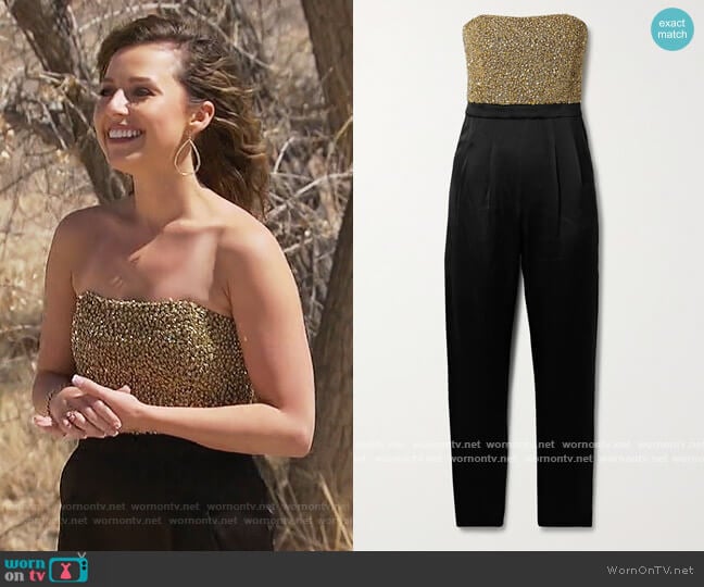 Jeri strapless embellished duchesse-satin jumpsuit by Alice + Olivia worn by Katie Thurston on The Bachelorette