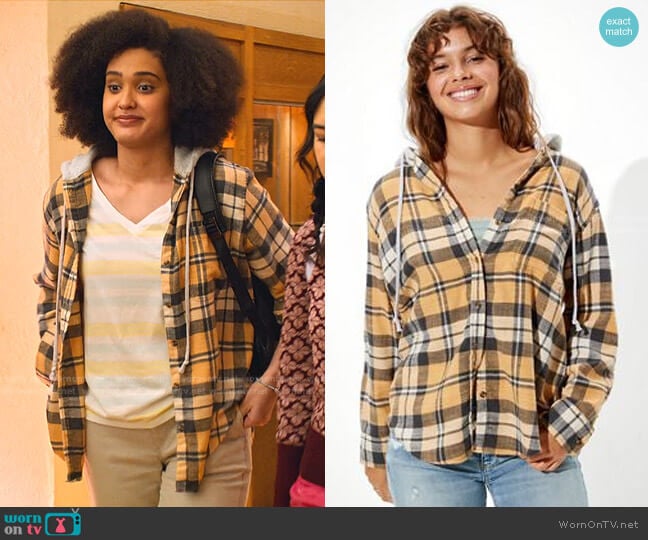 Oversized Plaid Flannel Hooded Shirt by American Eagle worn by Fabiola Torres (Lee Rodriguez) on Never Have I Ever