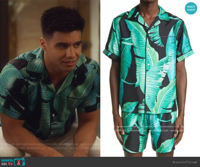 Banana Leaves Silk Button-Up Camp Shirt by Amiri worn by Vivek Shah (Jordan Buhat) on Grown-ish