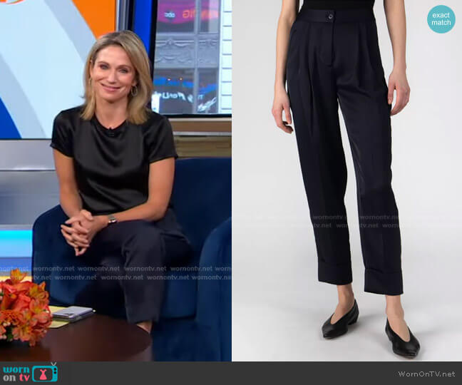 WornOnTV: Amy’s black satin top and navy pants on Good Morning America ...
